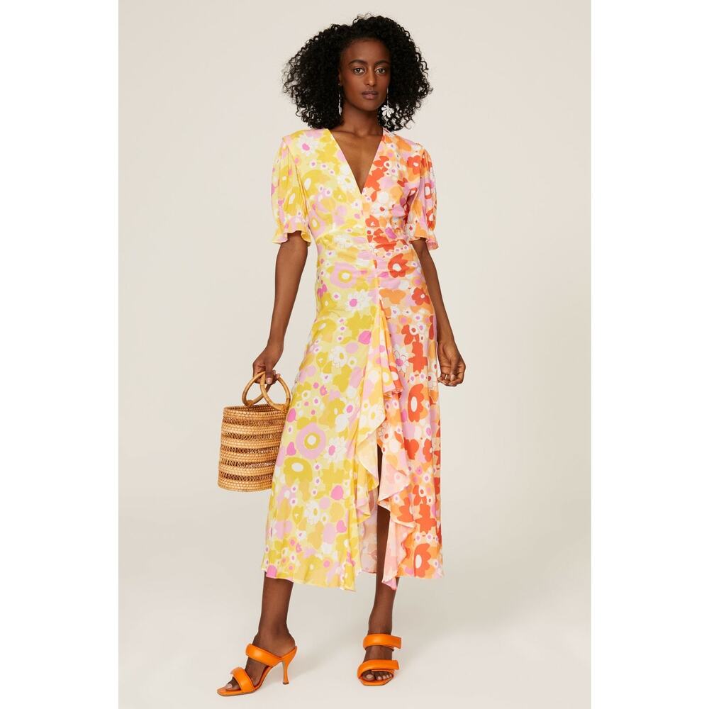 Rixo Ariel Floral Colorblock Ruffled V-Neck Short Sleeve Cocktail Maxi‎ Dress 10